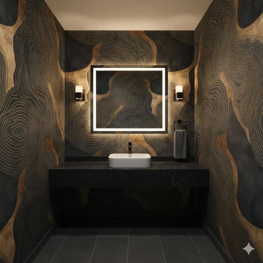 Moody powder room wrapped in expressive botanical wallcovering