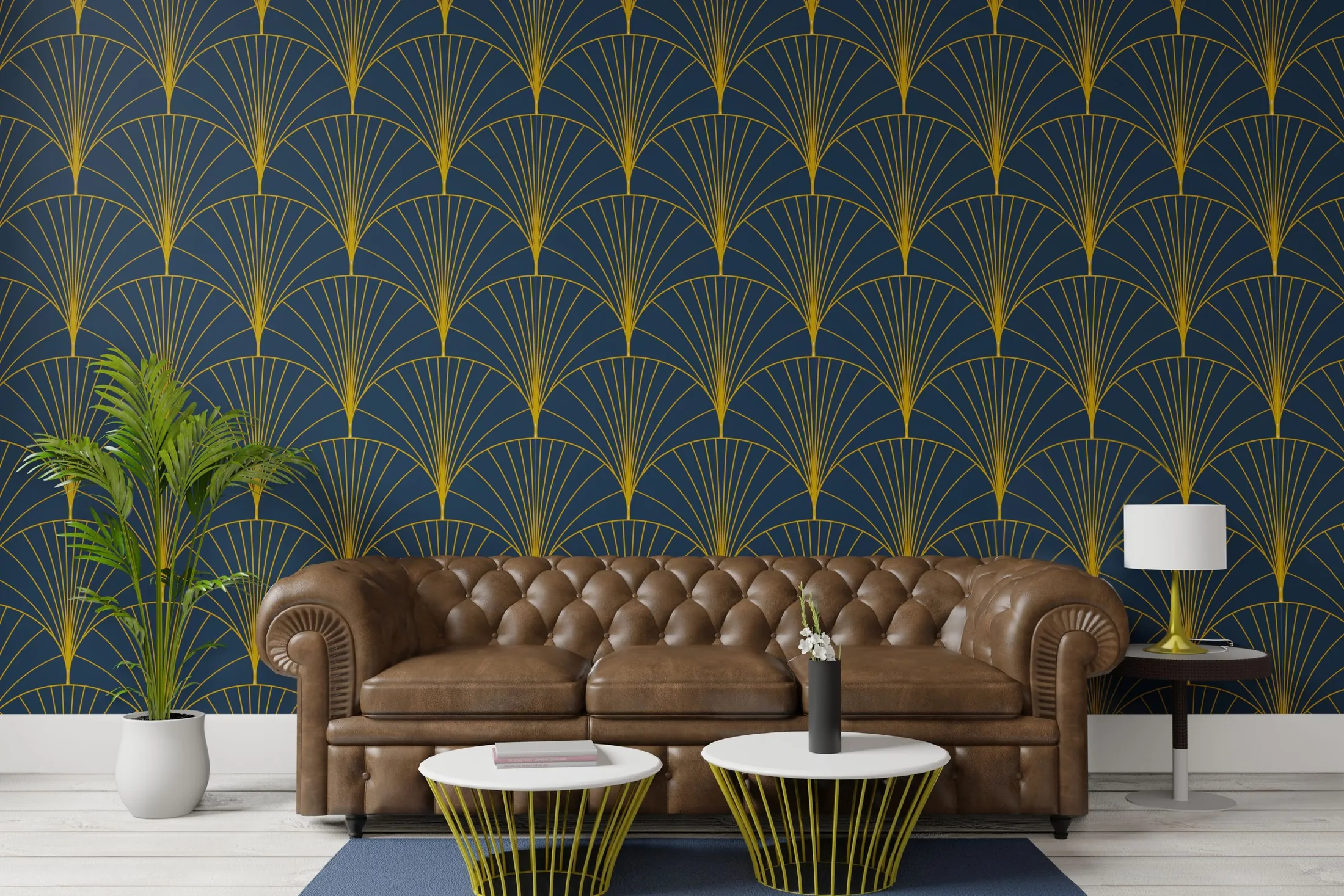 Elegant living room with a rich navy patterned wallpaper and tailored seating